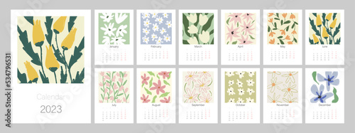 Floral calendar template for 2023. Vertical design with bright colorful flowers and leaves. Editable illustration page template A4, A3, set of 12 months with cover. Vector mesh. Week starts on Monday.