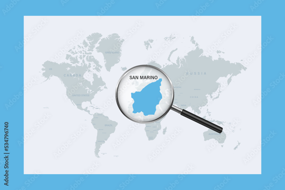 Map of San Marino on political world map with magnifying glass Map of San Marino on political world map with magnifying glass