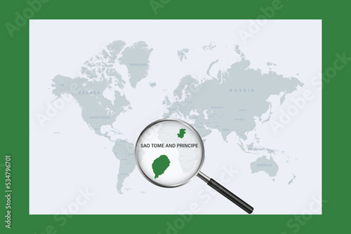 Map of Sao Tome and Principe on political world map with magnifying glass