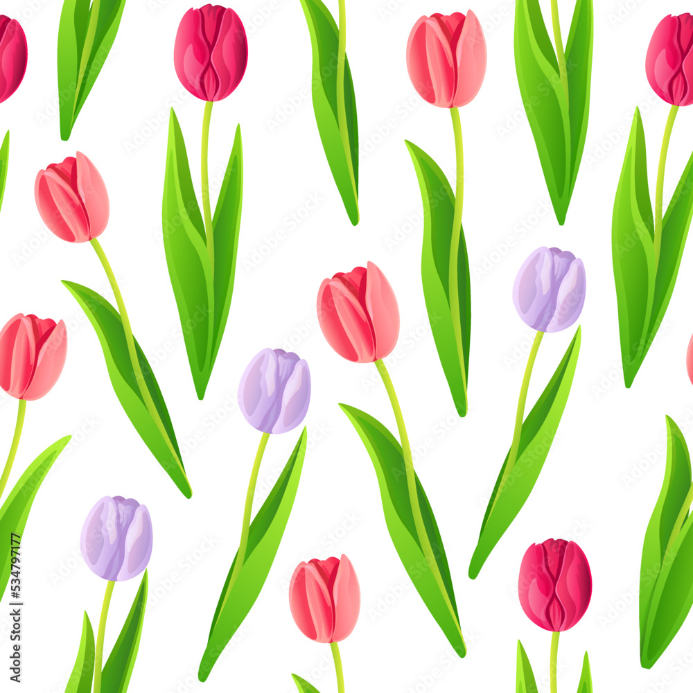 Obraz premium Seamless pattern with pink, fuchsia and lilac tulips isolated on white background. Vector illustration