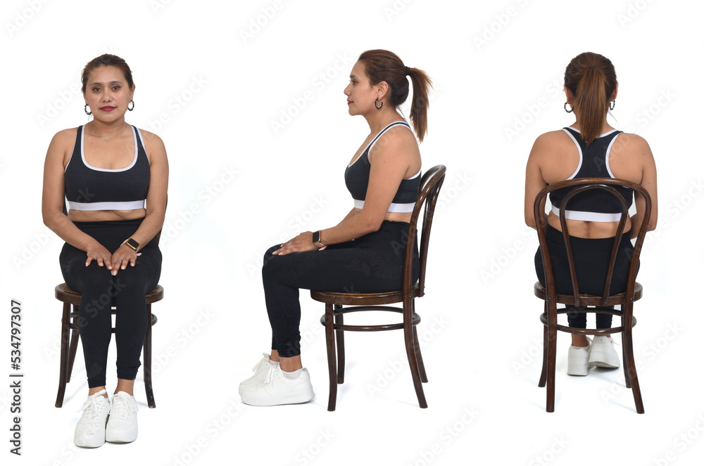 Obraz premium front back and side view of same woman with sprotswear siting on chair on white background
