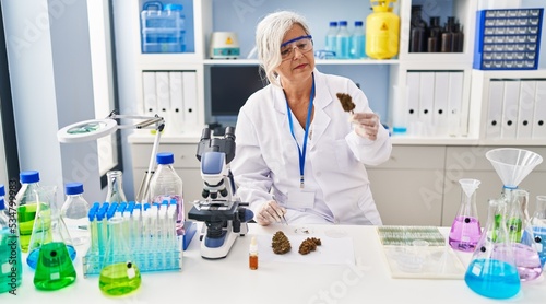 Middle age woman wearing scientist uniform holding marihuana at laboratory