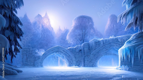 Winter snowy park. Trees in the snow  a frozen river  snowdrifts and ice. Fantasy winter landscape. Frosty sunset. 3D illustration.