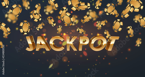 Falling gold poker chips, tokens with golden letters Jackpot on black background with golden glare, sparkles. Vector illustration for casino, game design, advertising.