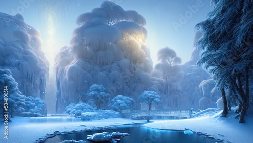 Winter snowy park. Trees in the snow, a frozen river, snowdrifts and ice. Fantasy winter landscape. Frosty sunset. 3D illustration.