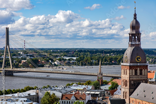 Aerial view from Saint Peters church on Riga Old Town overlooking the Dome Cathedral and the Vansu bridge across the Daugava River, Latvia. EU. photo