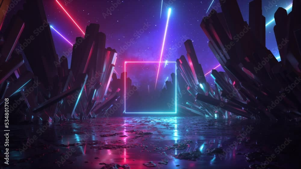 3d virtual reality scenery with neon square frame, falling stars and crystal rocks. Flight backwards the extraterrestrial landscape, abstract futuristic background