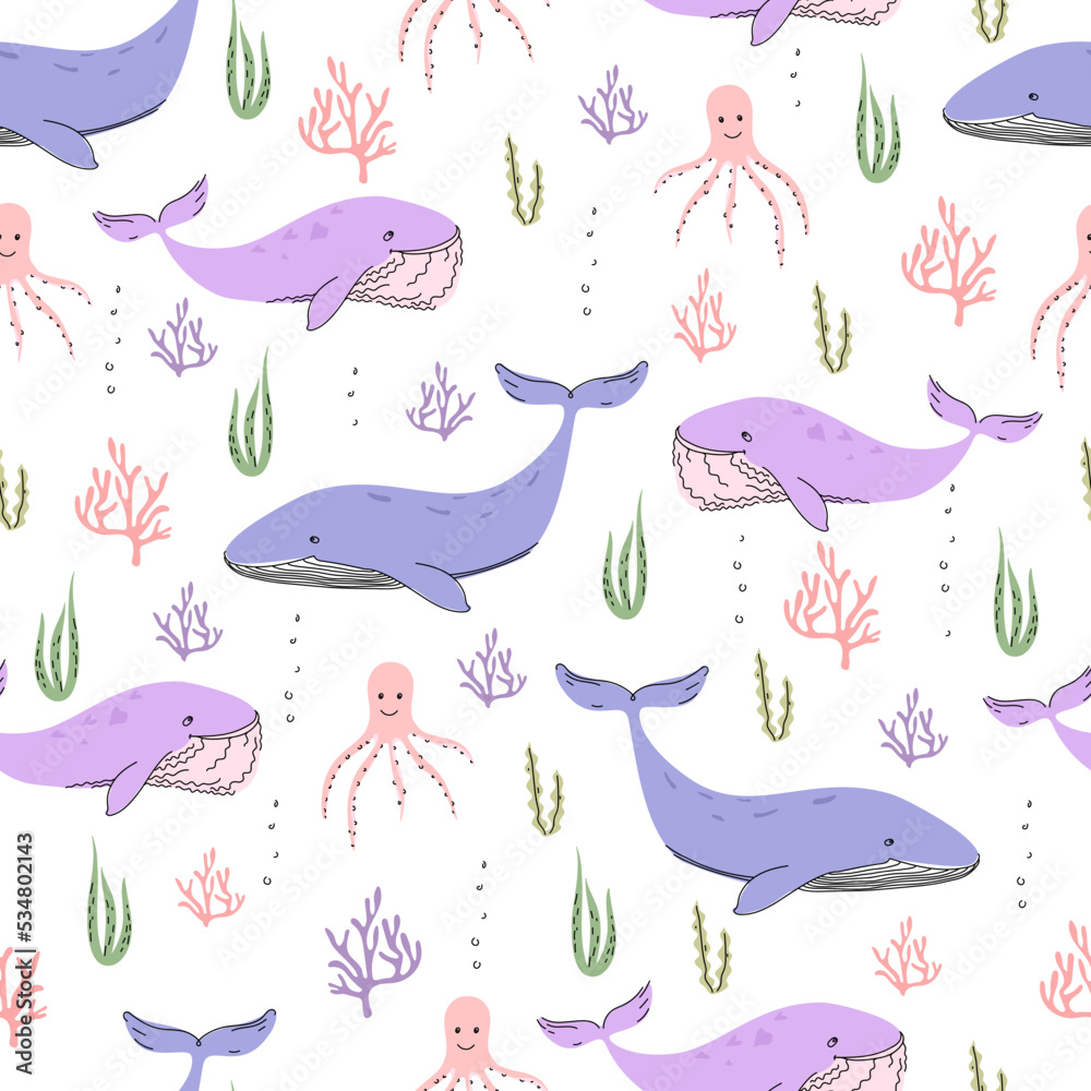 Vector seamless pattern in doodle style with marine animals and algae. Big whales, corals, octopus in cartoon style. Vector seamless pattern in doodle style with marine animals and algae. Big whales, corals, octopus in cartoon style.