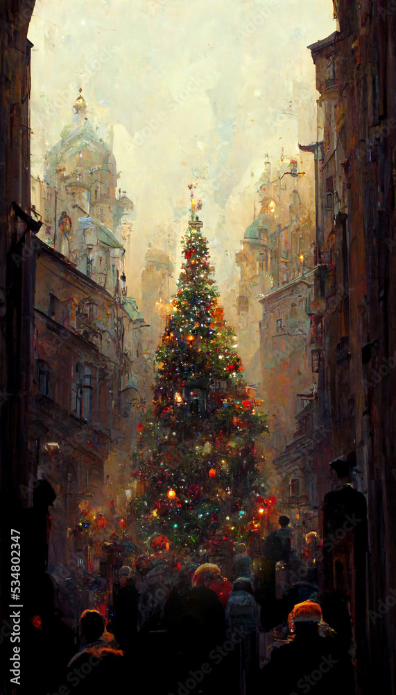 Christmas Tree in the City with people around, Steampunk illustration postcard with copy space