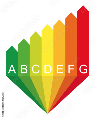Efficiency energy rating labels, classification, A-G. Flat design element. Isolated vector illustration, transparent background. Asset for overlay, montage, collage, presentation. Energy use concept.