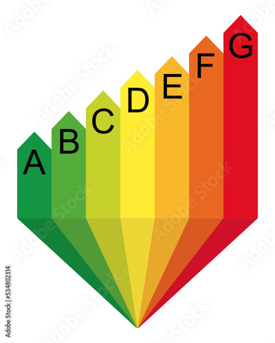 Efficiency energy rating labels, classification, A-G. Flat design element. Isolated vector illustration, transparent background. Asset for overlay, montage, collage, presentation. Energy use concept.