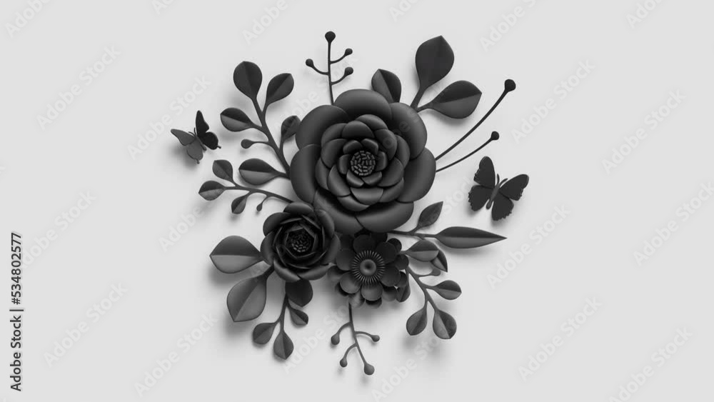 animated 3d black paper flowers appearing and growing, dramatic botanical composition, decorative bouquet isolated on white background