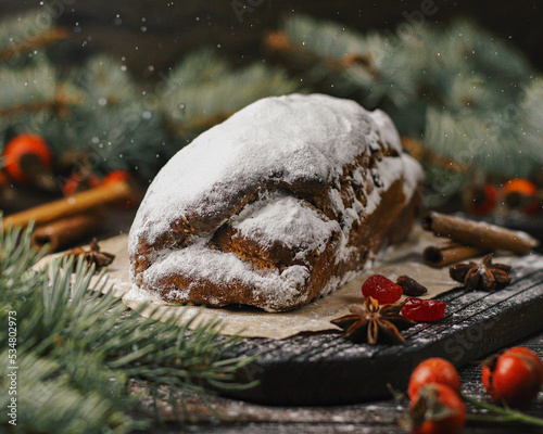 Christmas bread Stollen in the winter decor