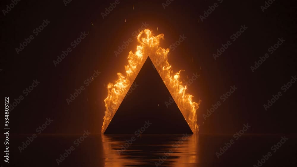 3d animation, abstract background with black triangle on fire, blazing flame