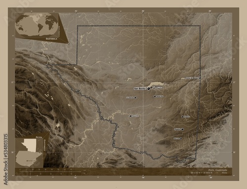 Peten, Guatemala. Sepia. Labelled points of cities photo