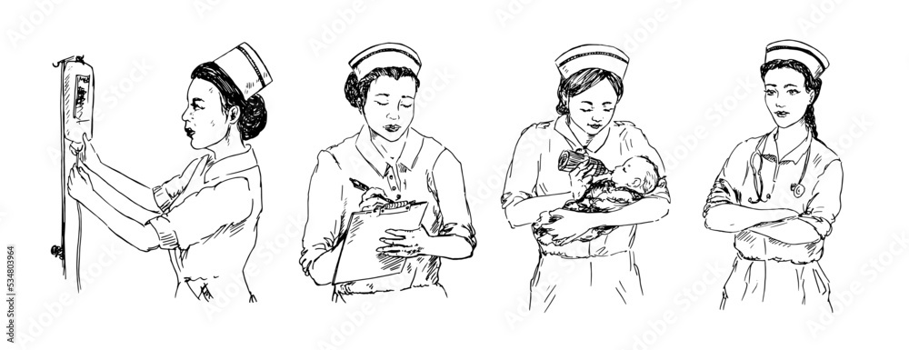 Nurse working set, hand drawn doodle, sketch in pop art style, black and white vector illustration Nurse working set, hand drawn doodle, sketch in pop art style, black and white vector illustration