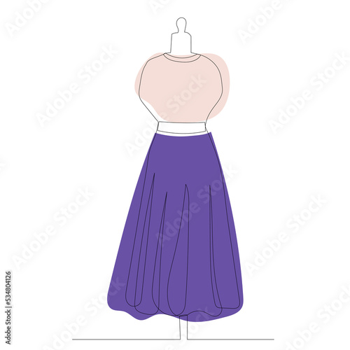 dress drawing by one continuous line, isolated vector