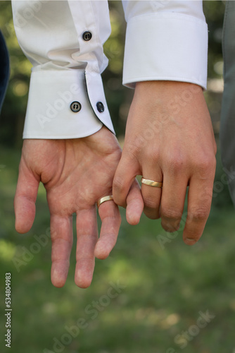 A hand with ring of guy couple on their wedding day
