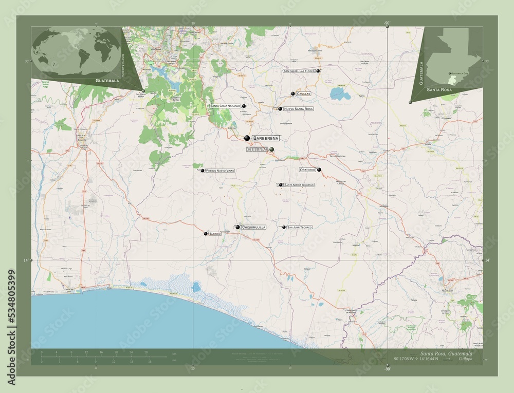 Naklejka premium Santa Rosa, Guatemala. OSM. Labelled points of cities