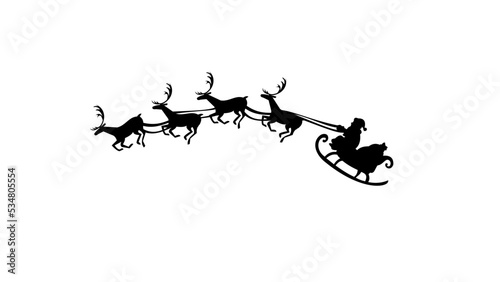 santa claus flying in sledge with reindeers night sky silhouette