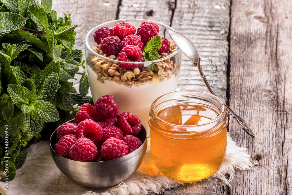 Healthy breakfast with homemade yogurt and raspberries. Granola with yogurt and honey