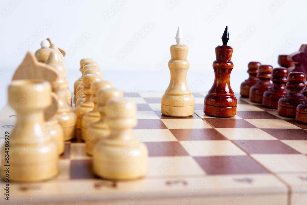 Chess on a chessboard close-up two kings. Black and white chess pieces on the chessboard. Beginning of chess game.