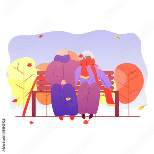 An old woman and an old man are sitting on a bench in a park, a square, autumn time, warm clothes. Flat illustration