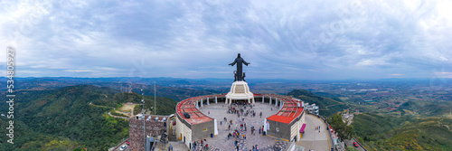 Aerial: panorama view of Cristo Rey statue and landscape in Guanajuato, Mexico. Drone view 