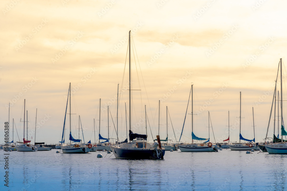 Yachts on Calm Water Under a Sunset 