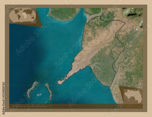 Conakry, Guinea. Low-res satellite. Major cities