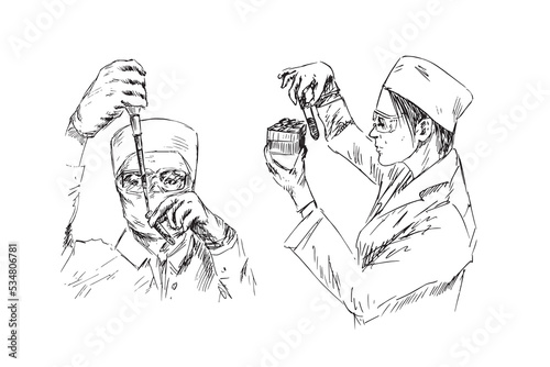 A scientist set, hand drawn doodle, sketch in pop art style, black and white vector illustration