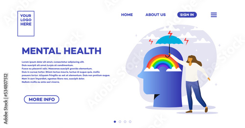 Mental health women web page modern style illustration for psyhology book, medical metaphor, poster, flyer, booklet, social media, advertising. Vector 10 eps
