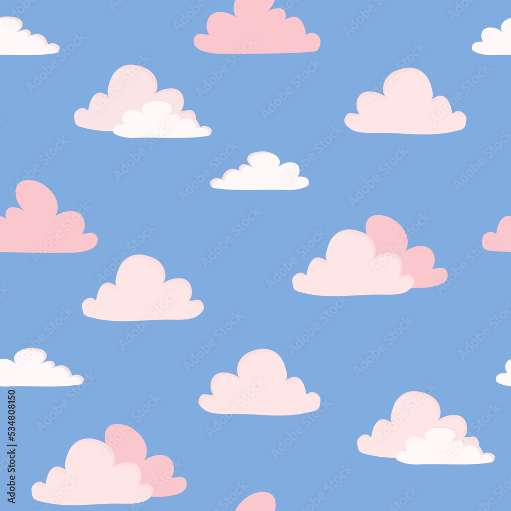 Pink clouds on blue sky seamless pattern vector illustration Childish background in pastel colors Flat cartoon style design for wrapping paper, textile, fabric, packaging