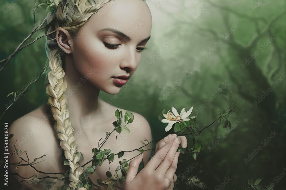 Naked beautiful Slavic woman with blonde hair braided, enjoys freedom