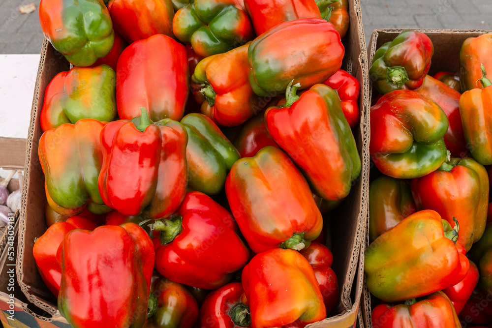 Red, green and yellow bell peppers in cardboard boxes on the counter. Selling bell peppers at the vegetable market. Red, green and yellow bell peppers in cardboard boxes on the counter. Selling bell peppers at the vegetable market.
