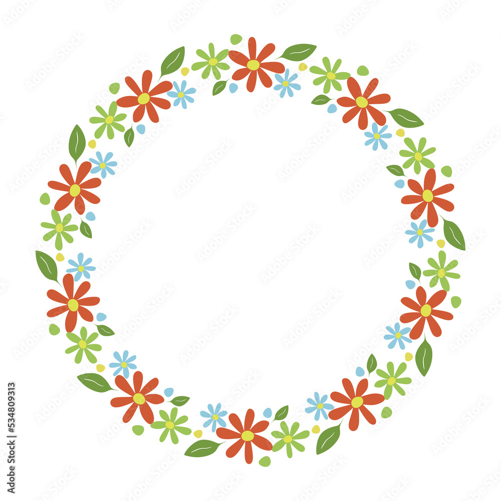 Floral circular frame isolated on white background. Cute flowers circle frame. Vector illustration