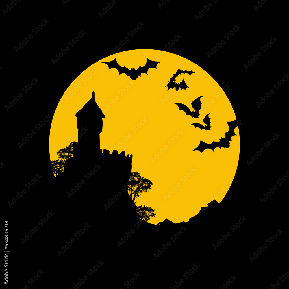 Zamek i nietoperze na tle księżyca, Halloween