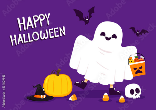 Happy Halloween. Child kid wearing ghost spirit costume. Pumpkin bag. Trick or treat. Funny creepy smiling face. Cute cartoon kawaii baby character.