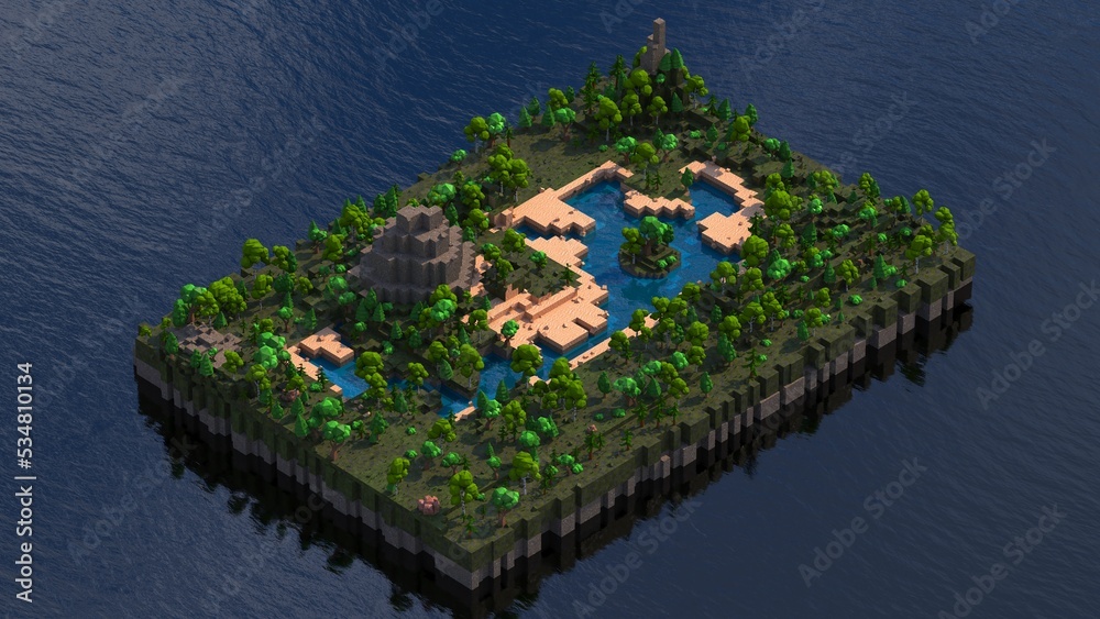 Low Poly island in ocean, Minecraft style in 8K