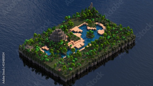 Obraz na płótnie Low Poly island in ocean, Minecraft style in 8K w salonie