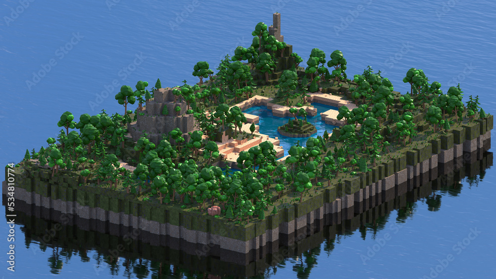 Low Poly island in ocean, Minecraft style in 8K