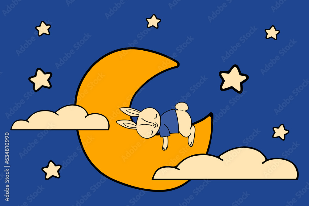 Cute little rabbit or bunny sleeping on the crescent moon among stars ...