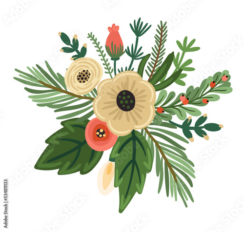 Christmas and Happy New Year flower arrangement. Christmas tree, flowers, berries. Isolated illustration.