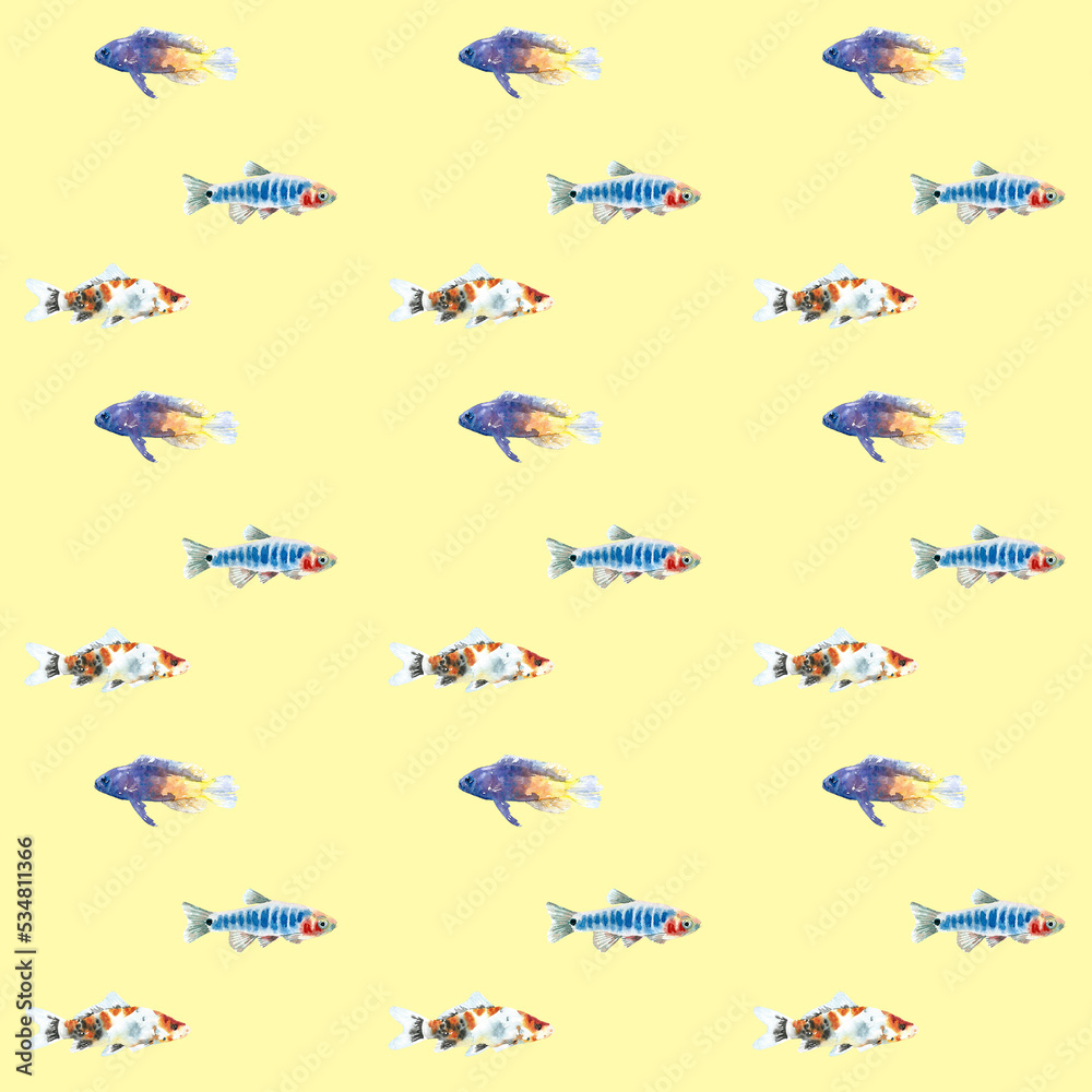 Fototapeta premium Watercolor yellow aquarium fishes seamless pattern illustration, colorful animal, sea, lake clipart, Nautical, ocean drawing, nursery hand-painted fish design, fabric,gift wrap,scrapbooking,wallpaper