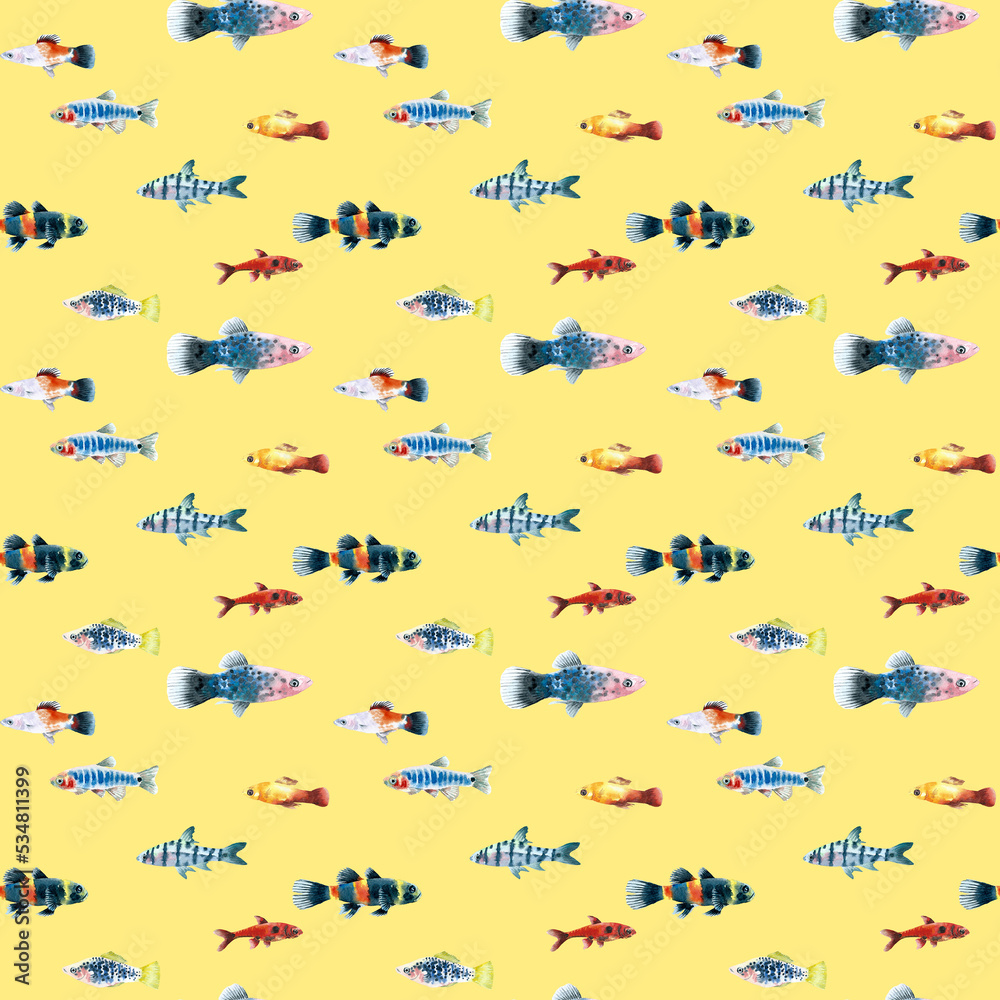 Watercolor yellow aquarium fishes seamless pattern illustration, colorful animal, sea, lake clipart, Nautical, ocean drawing, nursery hand-painted fish design, fabric,gift wrap,scrapbooking,wallpaper