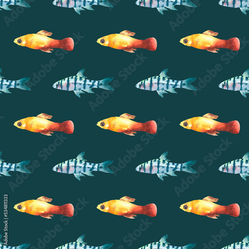 Photography Watercolor green aquarium fishes seamless pattern illustration, colorful animal,