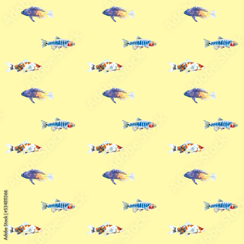 Watercolor yellow aquarium fishes seamless pattern illustration  colorful animal  sea  lake clipart  Nautical  ocean drawing  nursery hand-painted fish design  fabric gift wrap scrapbooking wallpaper