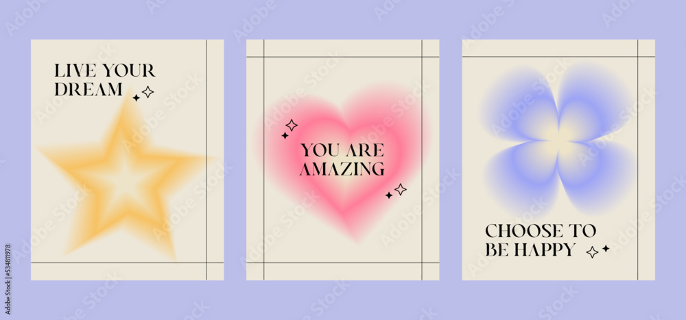 Beautiful gradient posters with quotes, heart, star, flower.Trendy gradients, typography. Banner template retro gradients elegance abstract blurry space area. Minimal Poster. Pastel Soft.