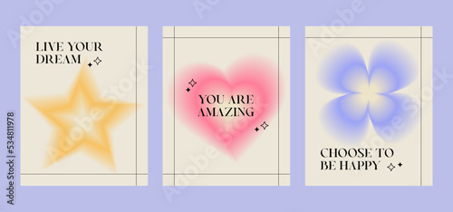 Beautiful gradient posters with quotes, heart, star, flower.Trendy gradients, typography. Banner template retro gradients elegance abstract blurry space area. Minimal Poster. Pastel Soft.
