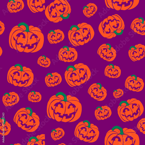 Illustration with orange Halloween pumpkin on purple background. Seamless Halloween pattern for print, banner or greeting card.